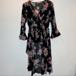 EUC Tempted Los Angeles Sheer Black and Floral‎ Cover-Up Dress